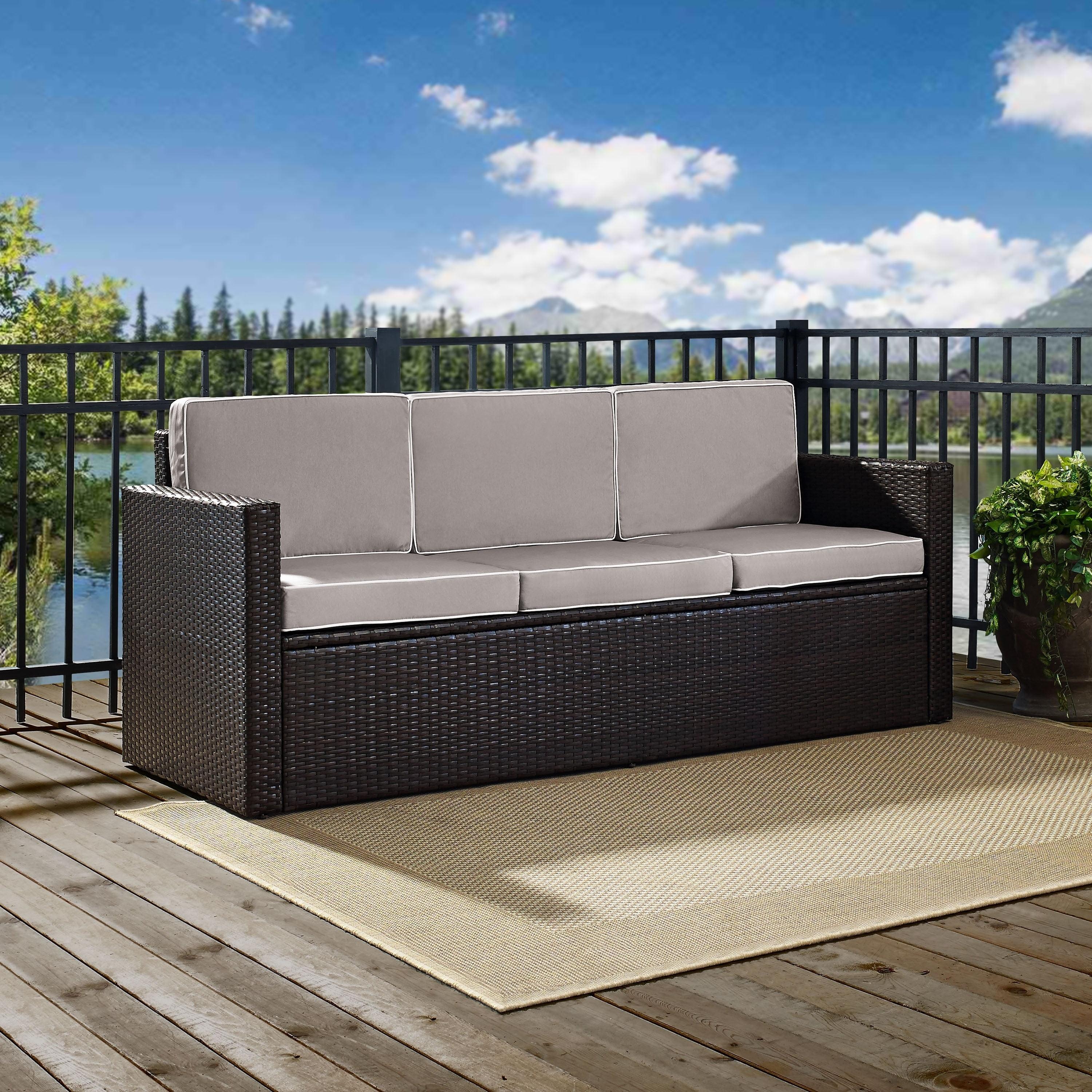 Palm Harbor Outdoor Wicker Sofa In Brown with Gray Cushions - Crosley: All-Weather, Fade-Resistant Patio Furniture