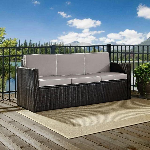 Palm Harbor Outdoor Wicker Sofa In Brown with Gray Cushions - Crosley: All-Weather, Fade-Resistant Patio Furniture