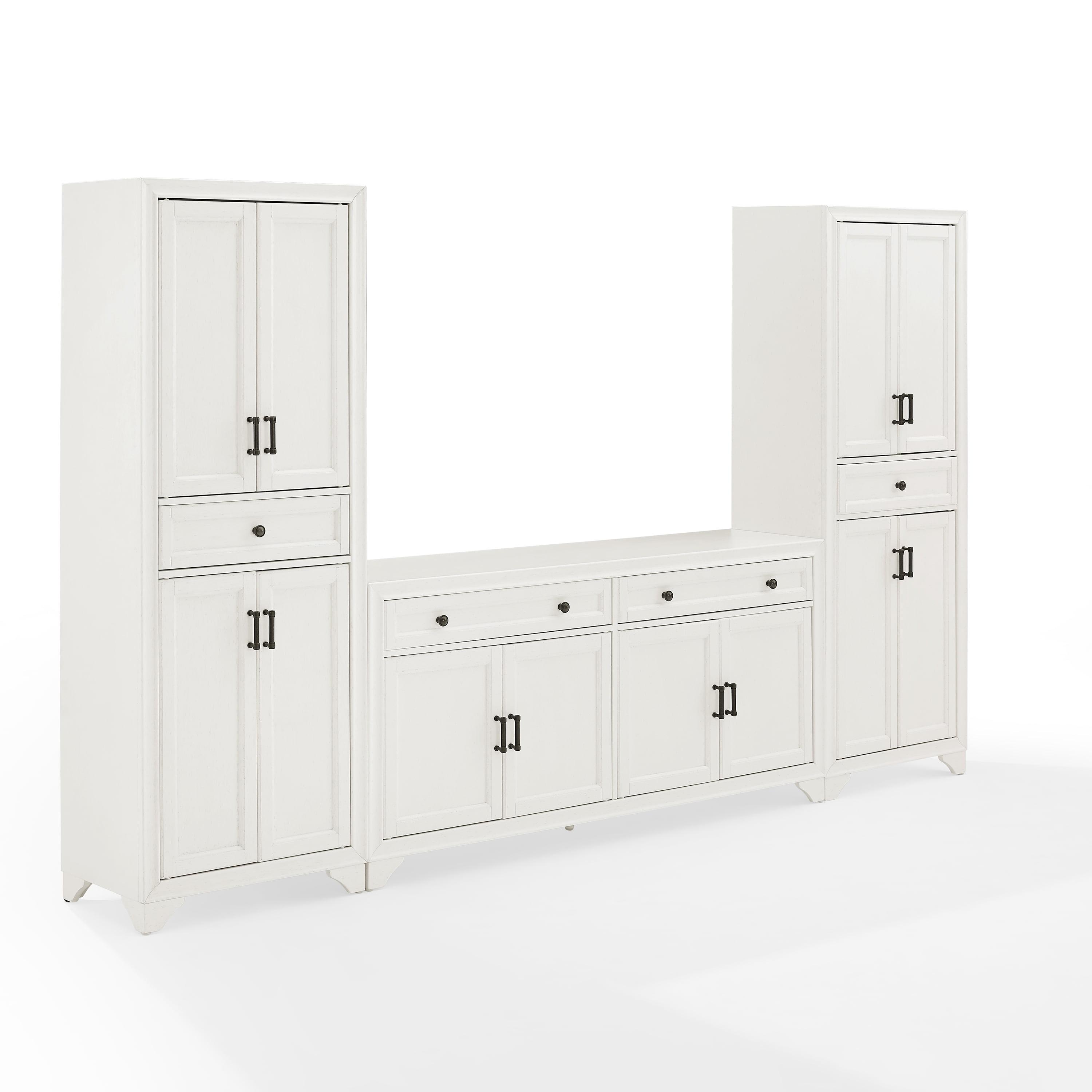 Distressed White 3-Piece Sideboard and Pantry Set with Cabinets