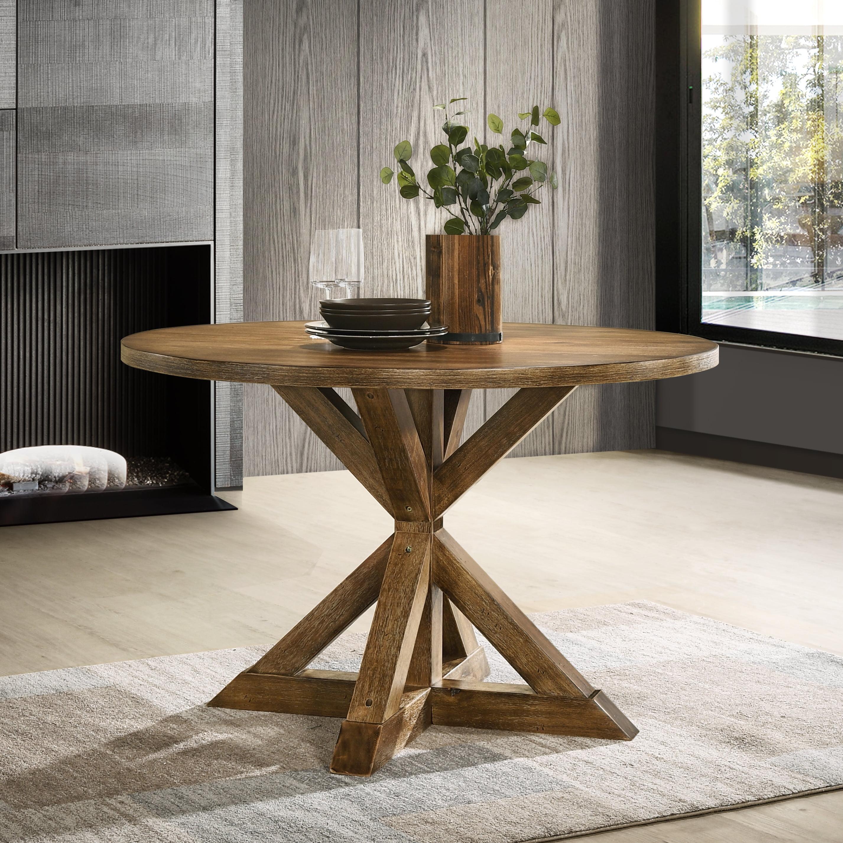 Round Brown Wood Extendable Dining Table with Cross-Buck Base