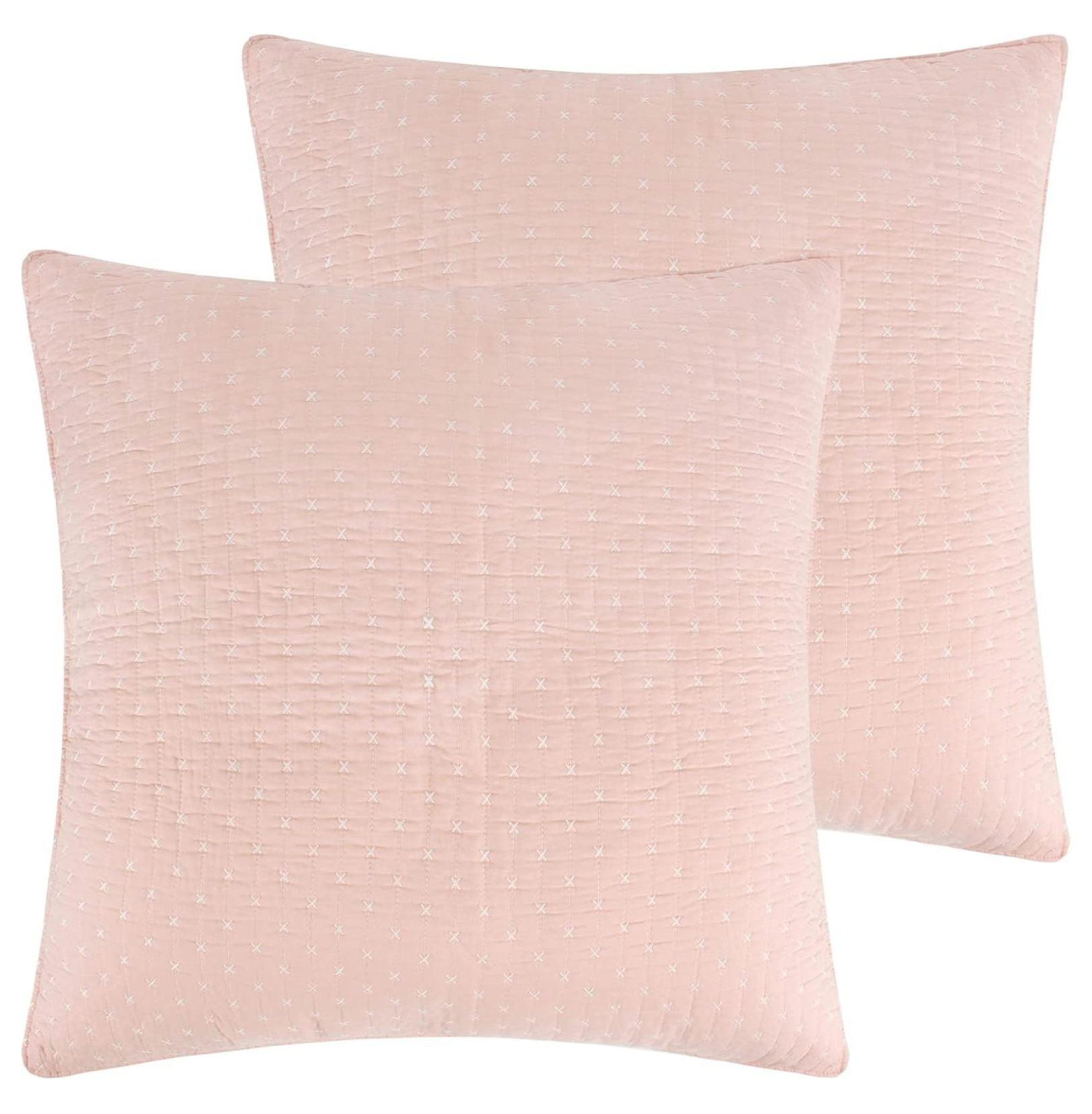 Blush Cotton Euro Shams with White Cross Stitching, Set of 2