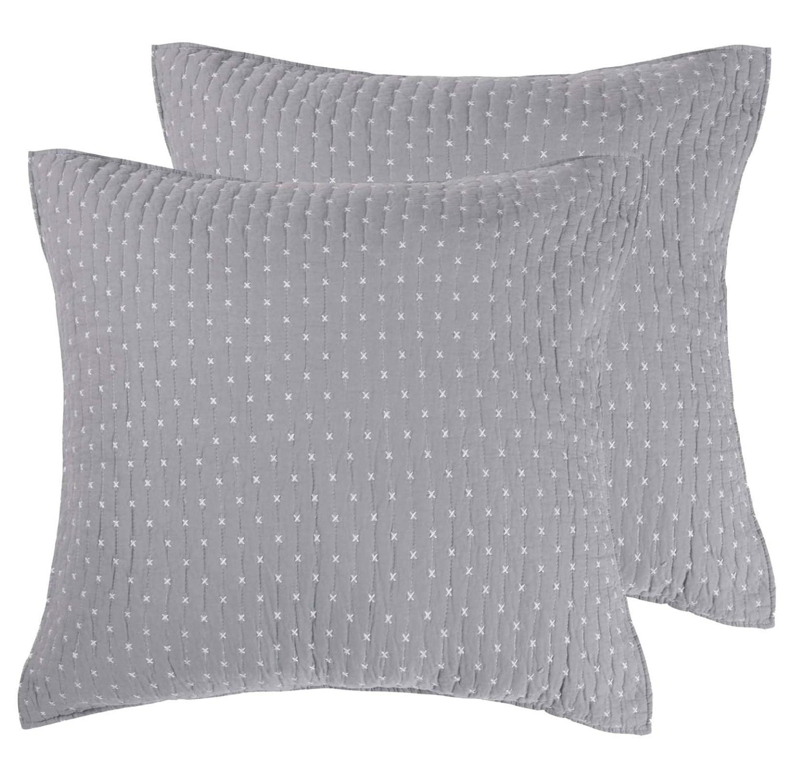 Grey Cotton Euro Shams with White Stitching, Set of 2