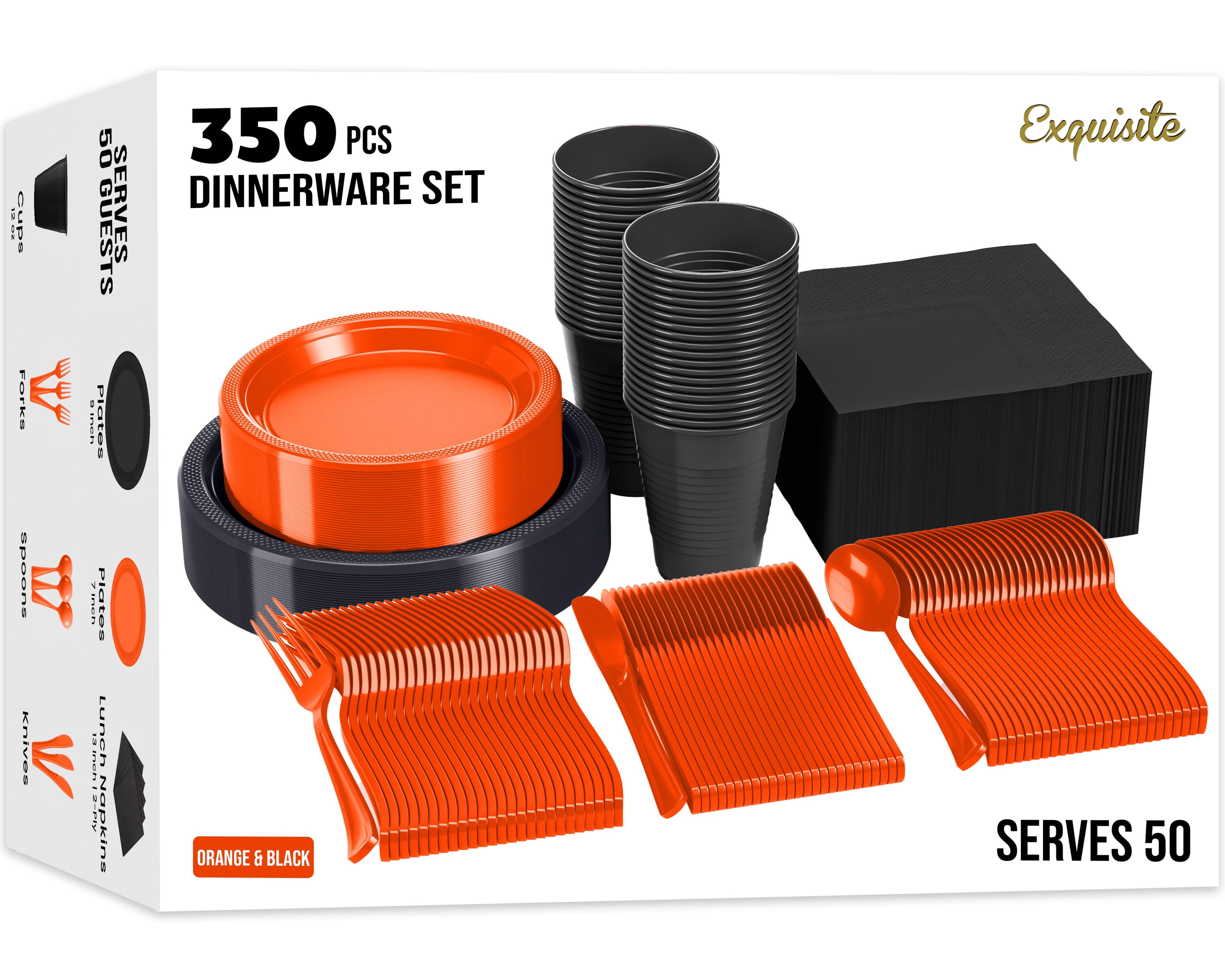 Crown Display 350 Piece Black and Orange Halloween Disposable Plastic Dinnerware party set- Serves 50