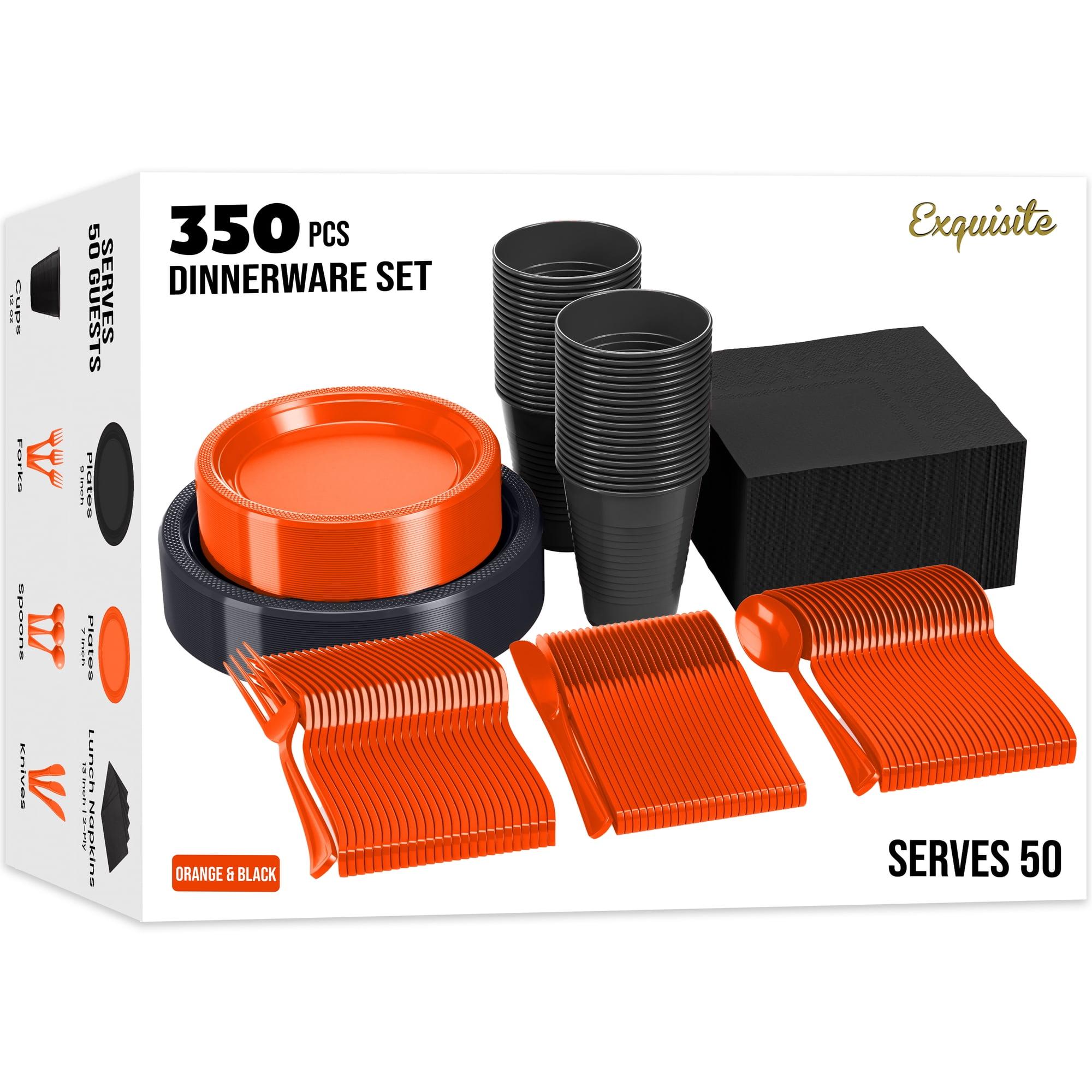 Crown Display 350 Piece Black and Orange Halloween Disposable Plastic Dinnerware party set- Serves 50