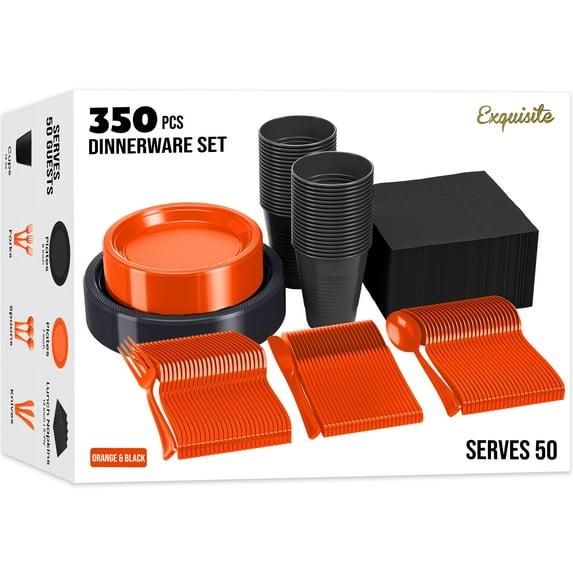 Crown Display 350 Piece Black and Orange Halloween Disposable Plastic Dinnerware party set- Serves 50