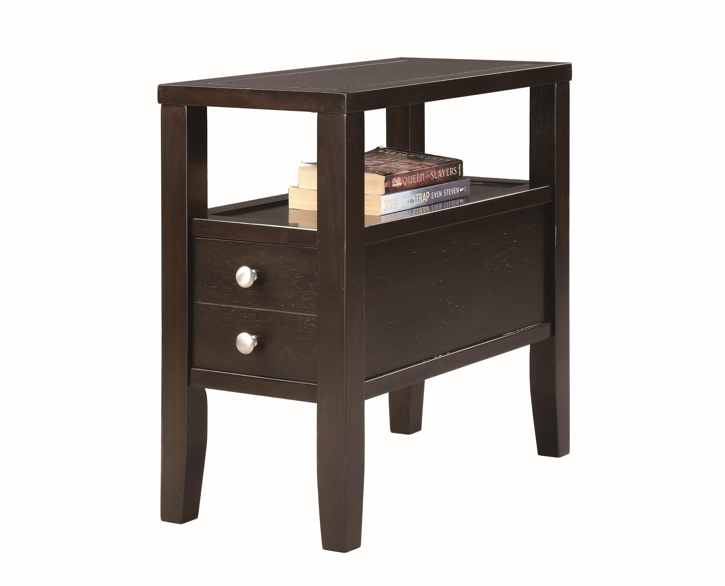 Contemporary Espresso Chairside Table with Storage and Shelf