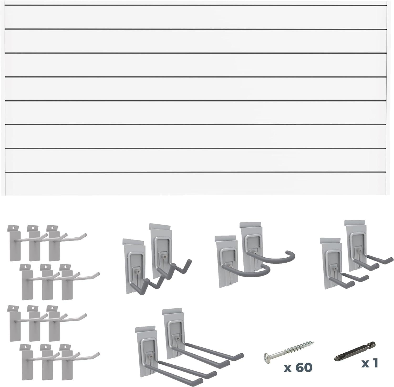 White PVC SlatWall Panels with 20-Piece Hook Kit, 8’ x 4’