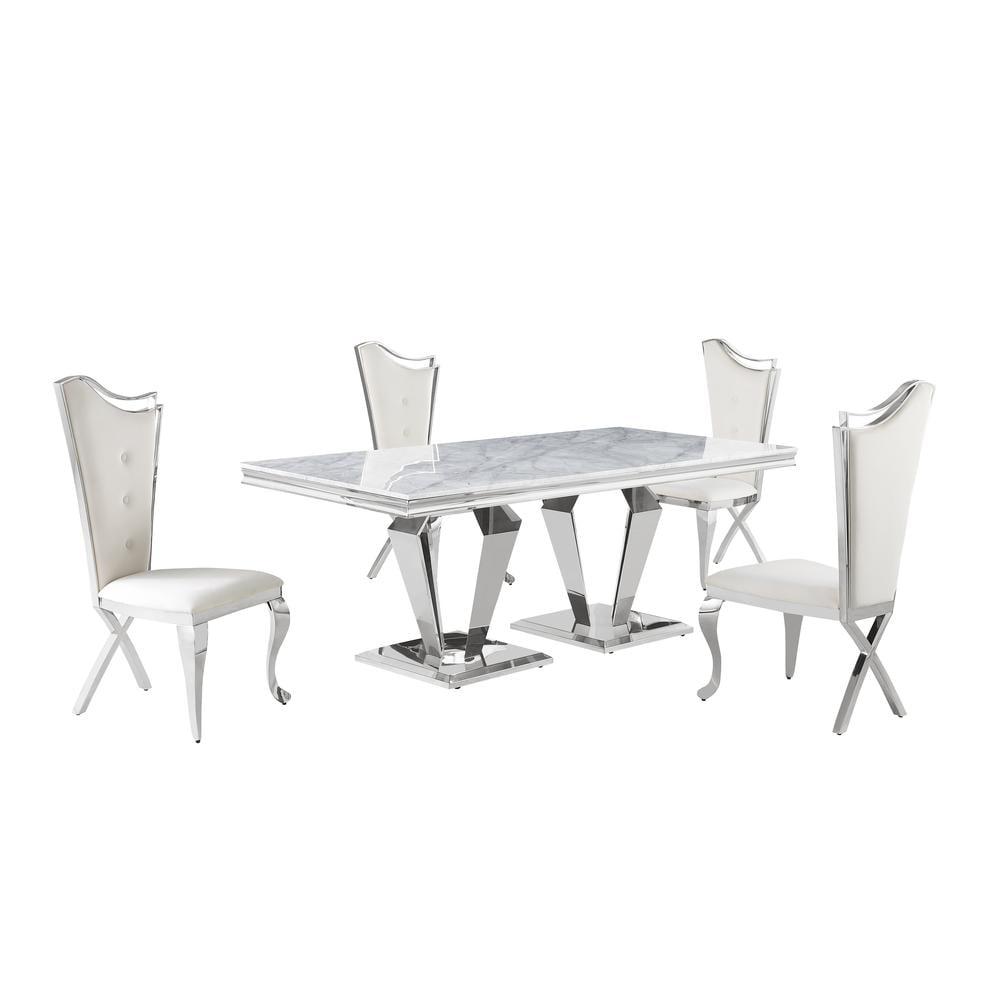 Crownie Cream and Silver Faux Marble 5-Piece Dining Set