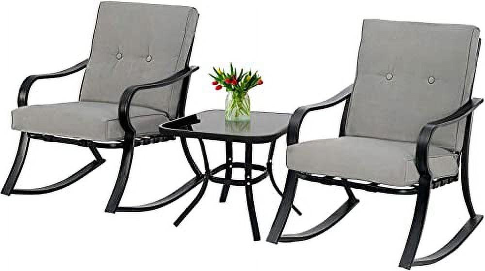 Crownland Outdoor Rocking Chairs Patio Furniture 3 Piece Patio Set Bistro Table Set Black Iron with Thickened Cushions and Glass Coffee Table, Grey