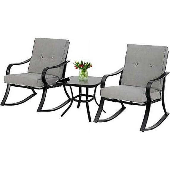 Crownland Outdoor Rocking Chairs Patio Furniture 3 Piece Patio Set Bistro Table Set Black Iron with Thickened Cushions and Glass Coffee Table, Grey