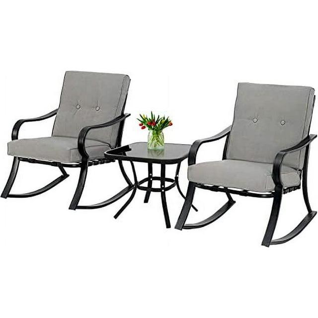 Crownland Outdoor Rocking Chairs Patio Furniture 3 Piece Patio Set Bistro Table Set Black Iron with Thickened Cushions and Glass Coffee Table, Grey