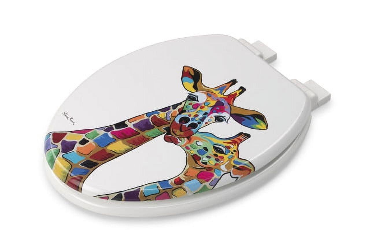 Croydex Steven Brown Artwork 19in Round Wood Toilet Seat, Colorful Giraffes Design