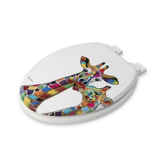 Croydex Steven Brown Artwork 19in Round Wood Toilet Seat, Colorful Giraffes Design