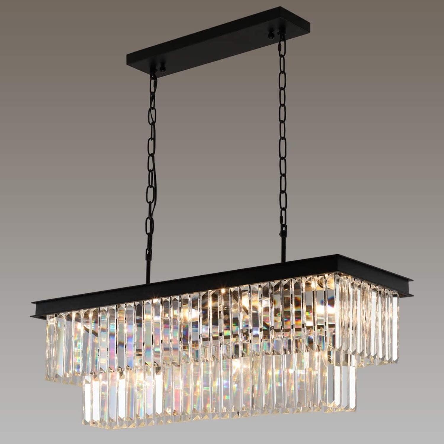 Crystal Chandeliers for Dining Room 11-Light Black Modern Chandelier Rectangle Contemporary Pendant Light Fixture for Kitchen Island Bar