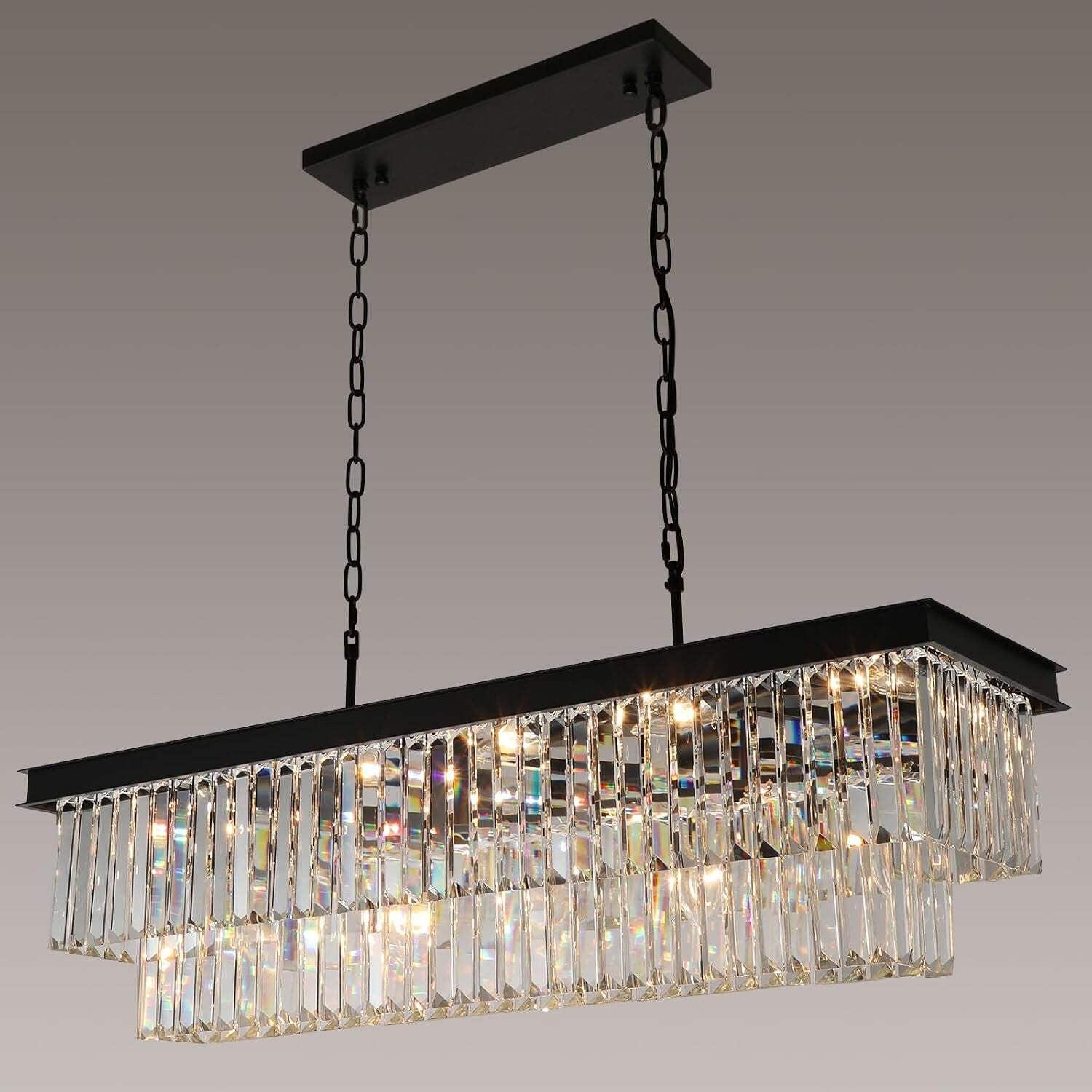 Black Rectangular 11-Light Crystal Chandelier for Dining Room