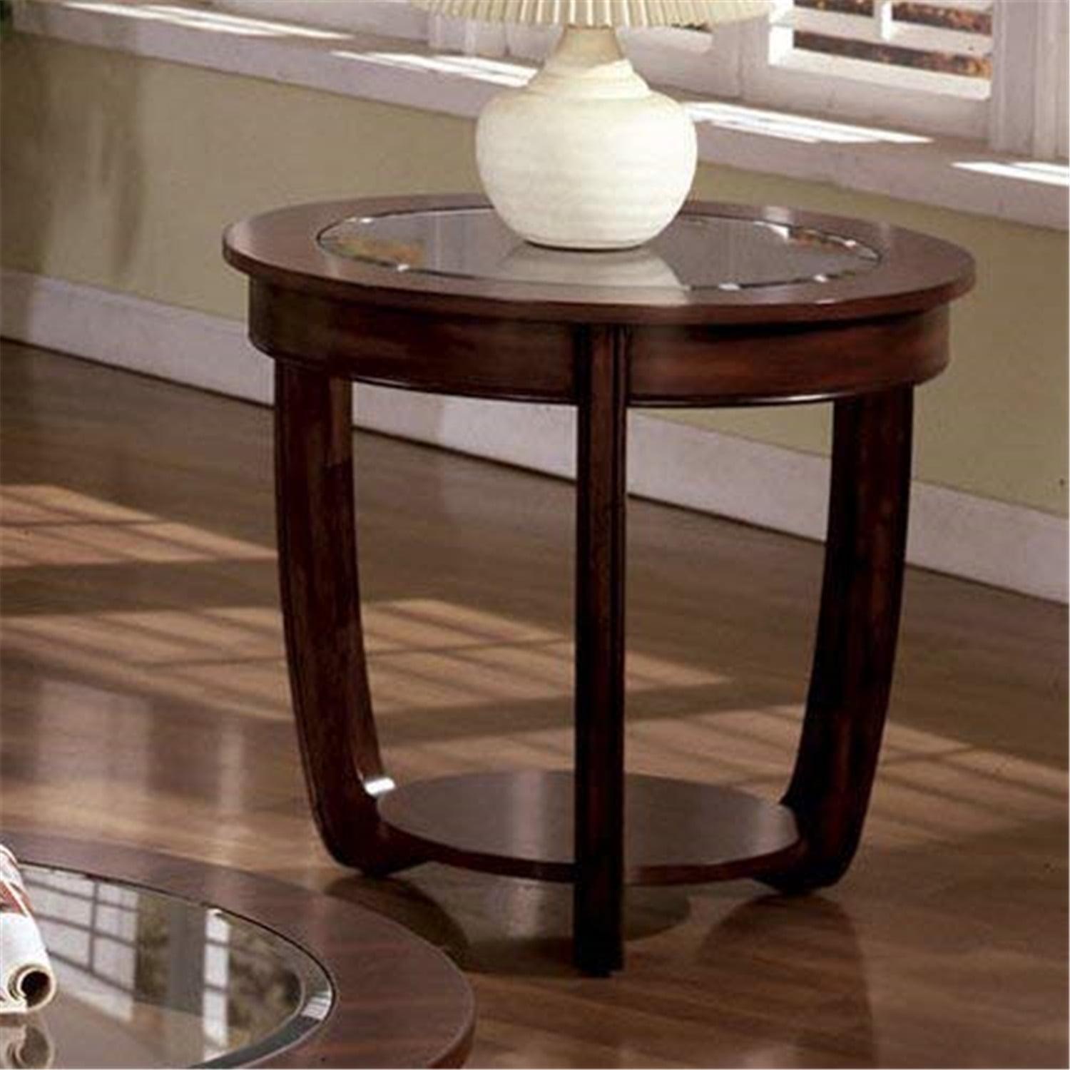 Dark Cherry Round Wood and Glass End Table