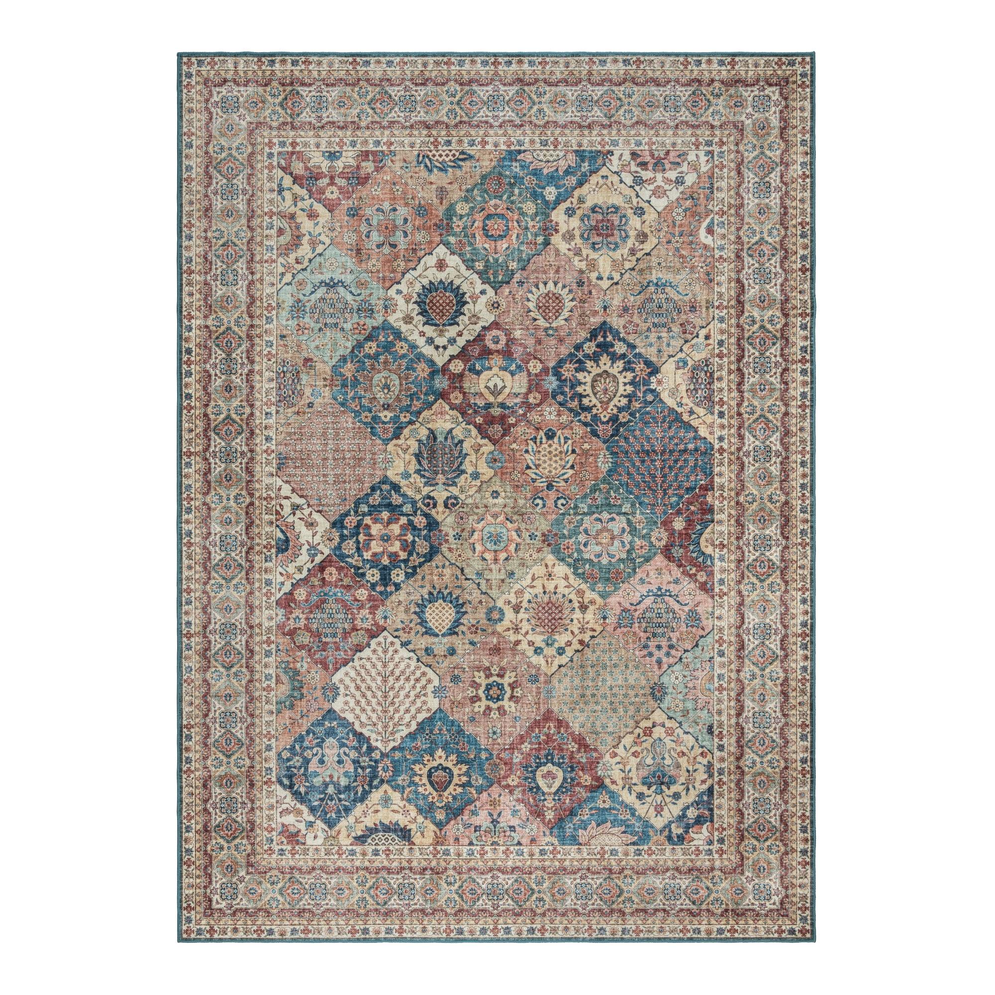 Crystal Print Cinzia Taupe Beige Multi Traditional Border Patchwork Livingroom Dining Bedroom Flat Pile Easy Care Indoor Area Rug