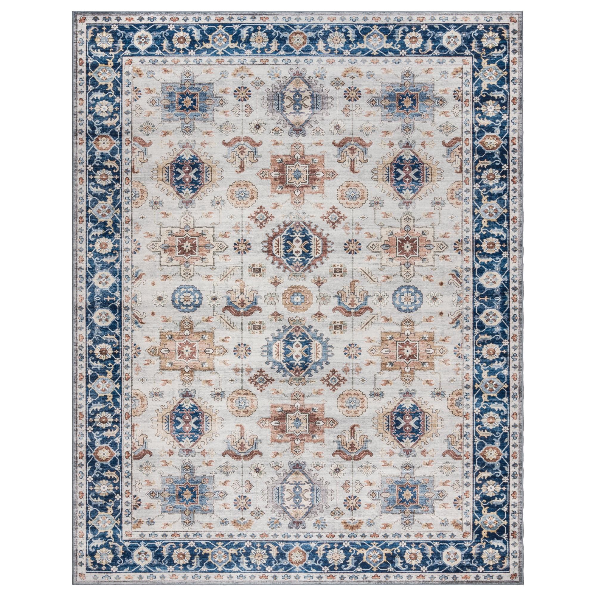 Micah Blue and Ivory Traditional Washable 6' x 9' Area Rug