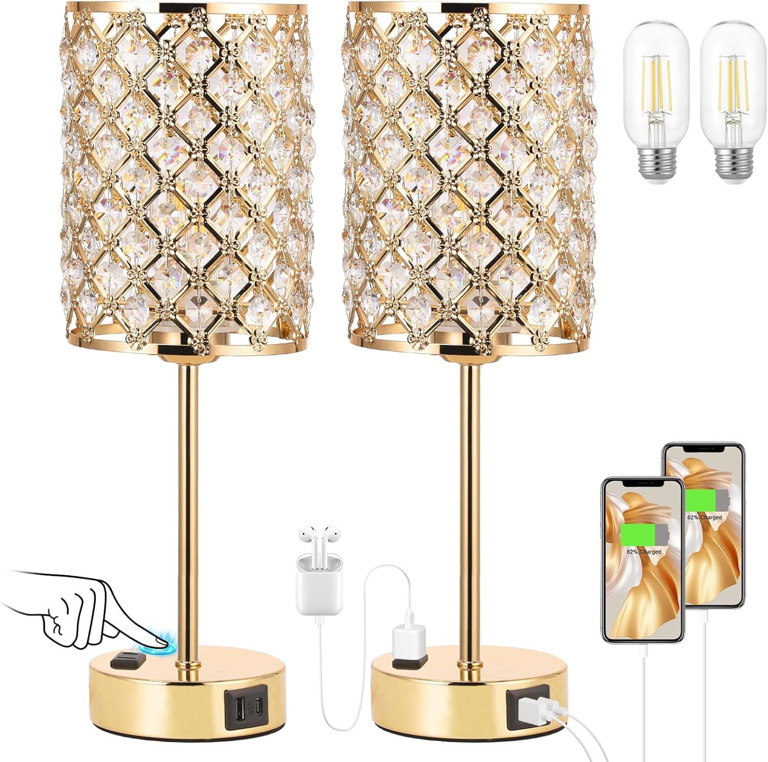 Crystal Touch Control Table Lamp - Dimmable Bedside Lamp with USB-C+A and AC Charging Ports, 3-Way USB Gold Lamp, Desk Light for Bedroom, Living Room, Home Office (Bulb Included, Set of 2)