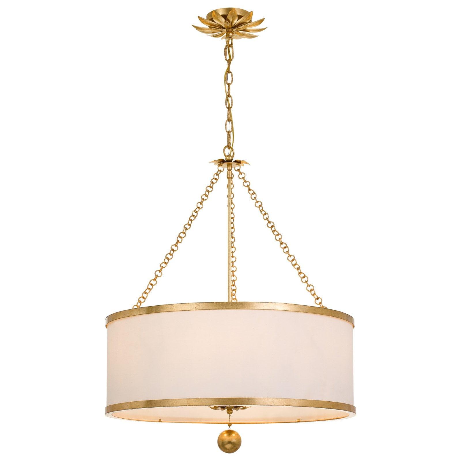 Elegant Antique Gold 6-Light Floral Chandelier with White Silk Drum