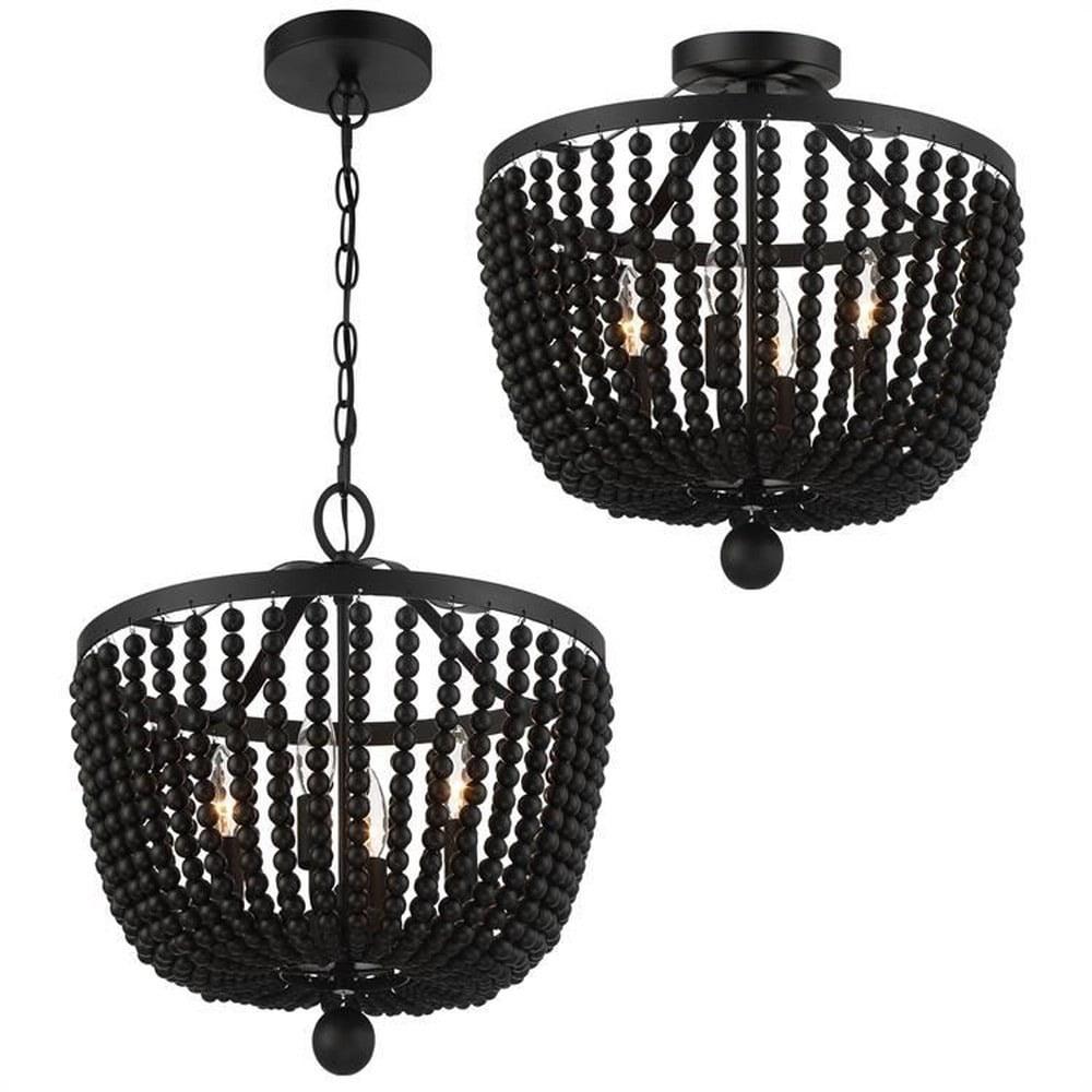 Mini Matte Black Crystal and Wood Bead 4-Light Chandelier