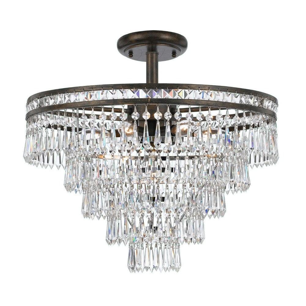 Mercer English Bronze 7-Light Art Deco Ceiling Fixture with Hand Cut Crystal