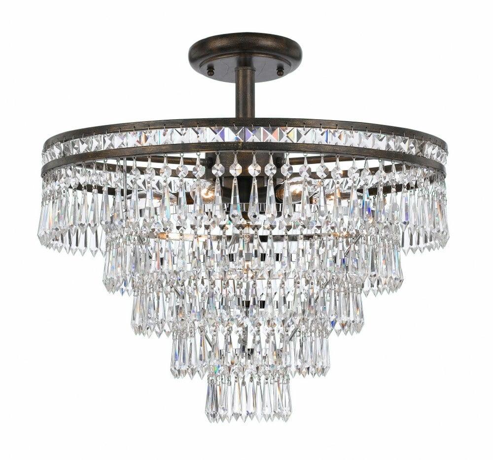 Mercer English Bronze 7-Light Art Deco Ceiling Fixture with Hand Cut Crystal