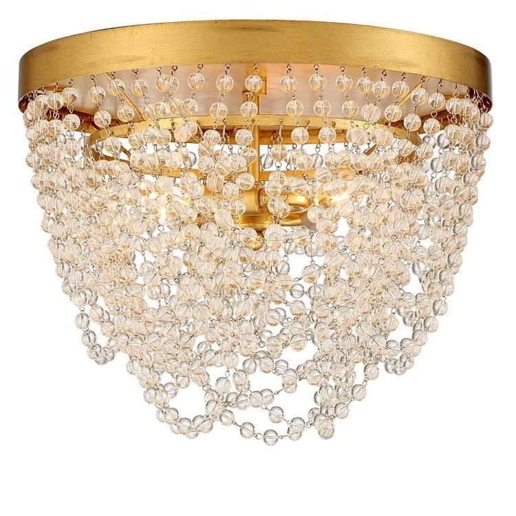 Antique Gold and Clear Glass Beaded 3-Light Flush Mount