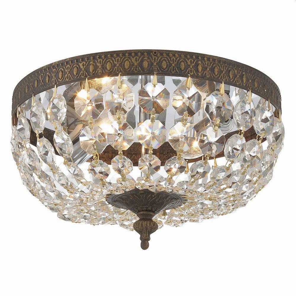 Elegant English Bronze 2-Light Flush Mount with Clear Crystals