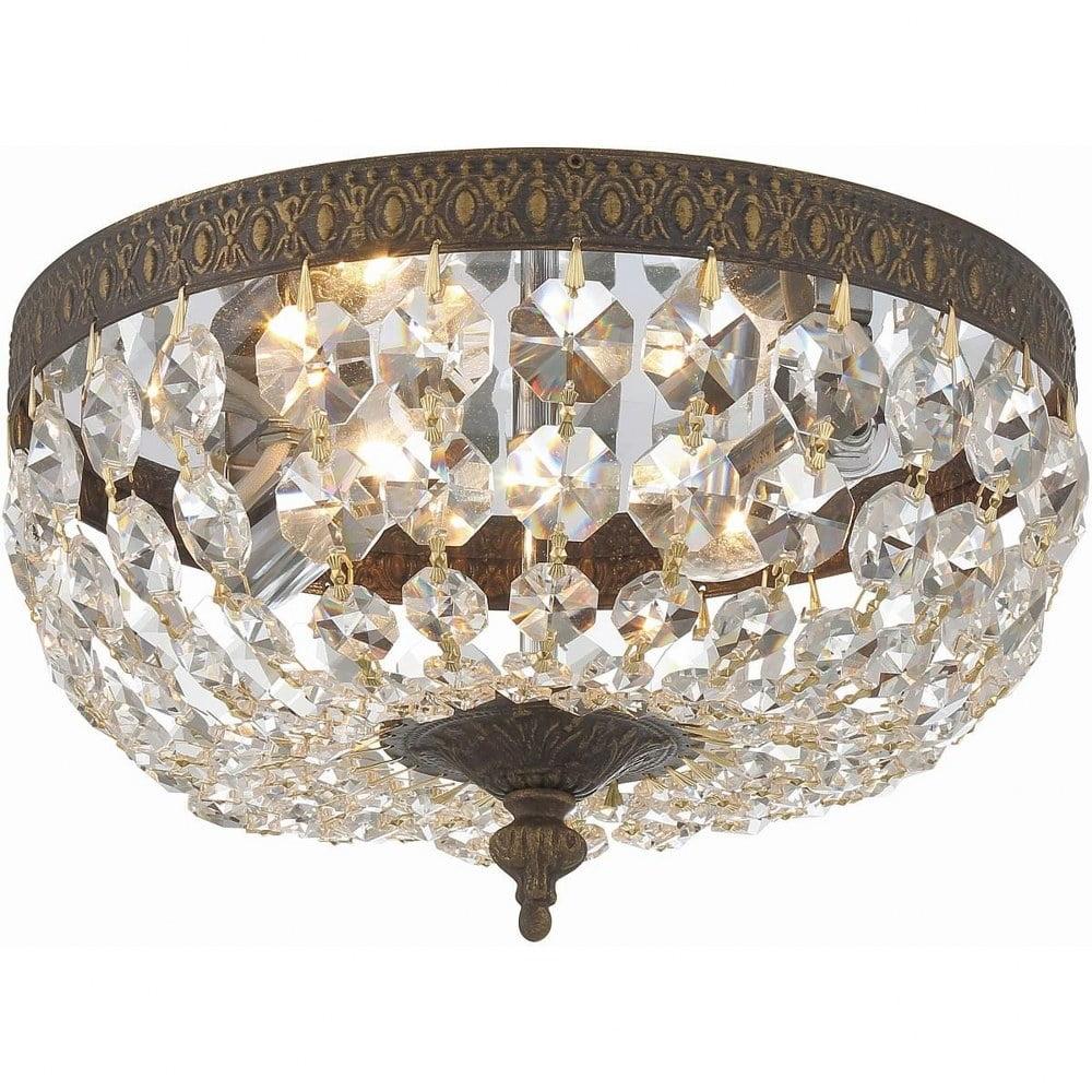 Elegant English Bronze 2-Light Flush Mount with Clear Crystals