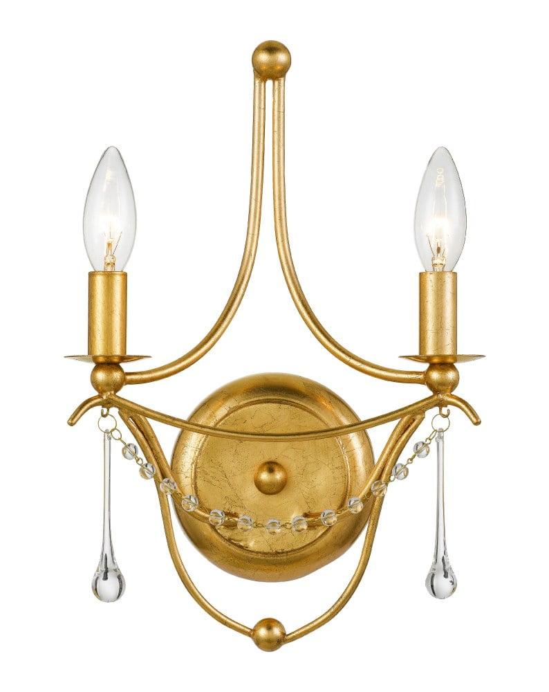 Elegant Antique Gold Wall Sconce with Clear Glass Beads, 2-Light