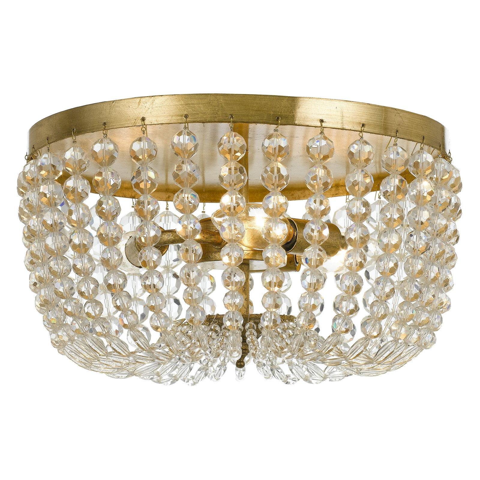 Antique Gold Crystal Flush Mount with Natural Wood Beads