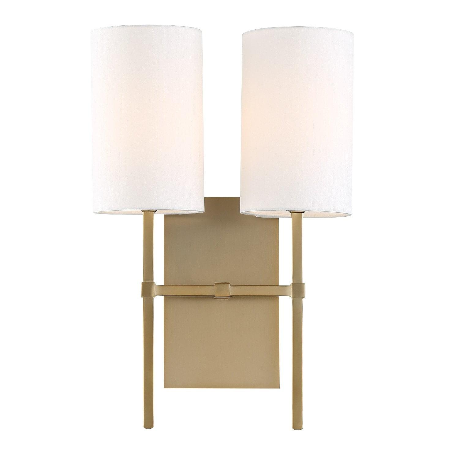 Aged Brass 2-Light Sconce with White Silk Shade