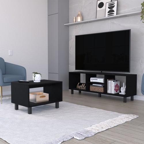 Black Engineered Wood 2 Piece Living Room Set with TV Rack and Coffee Table