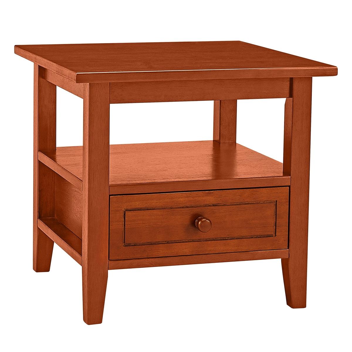 Honey Brown Rubberwood End Table with Drawer and Shelf