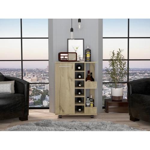Bar Cart, Two External Shelves, Four Casters, Six Wine Cubbies, Single Door Cabinet