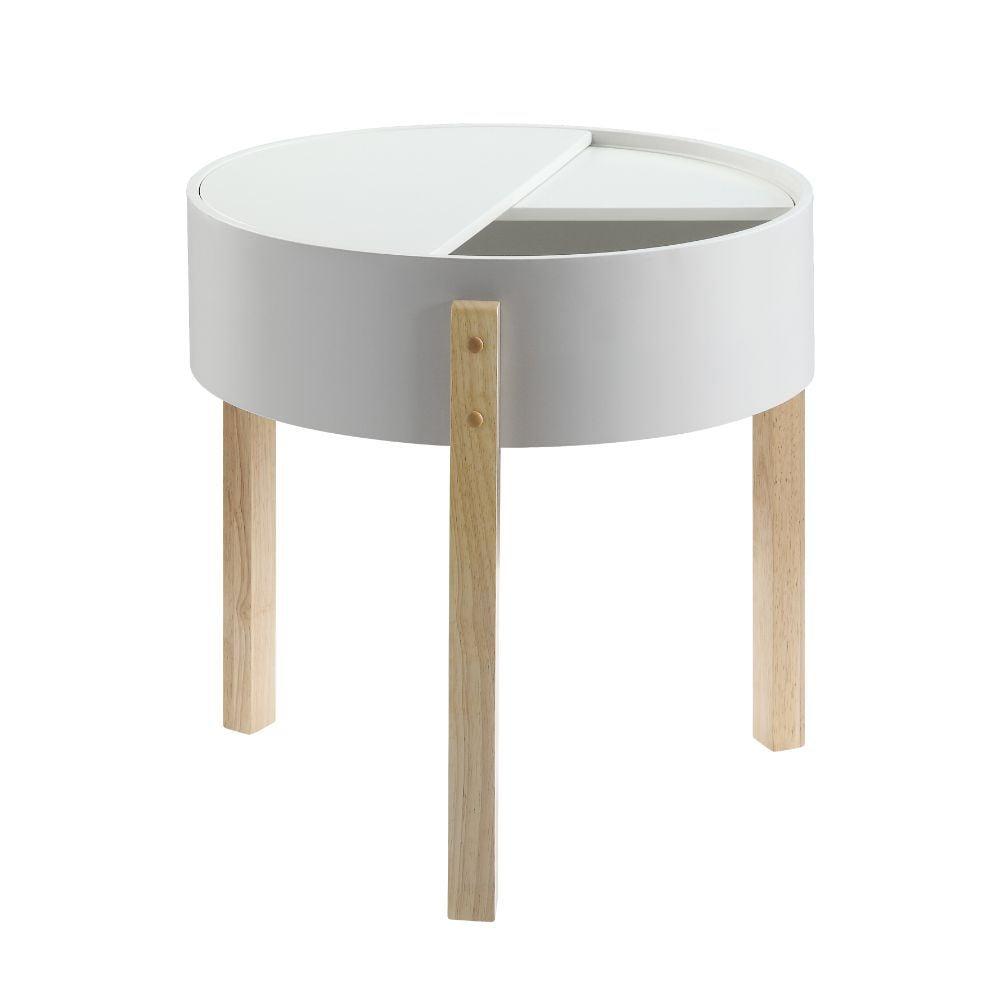 White and Brown Round Wood End Table with Hidden Storage