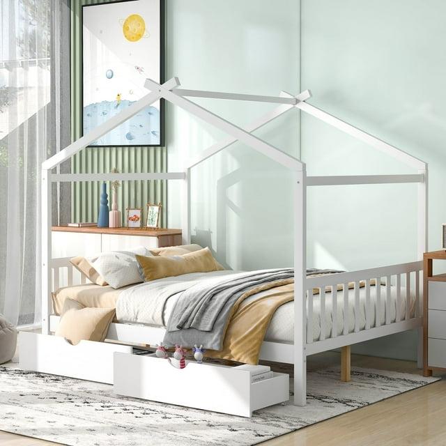 Kumix Platform Bed with Two Drawers, Wooden House Platform Bed Full Size with Headboard and Footboard, Roof Design for Kids Teens Boys and Girls, Noise-Free, No Box Spring Needed, White