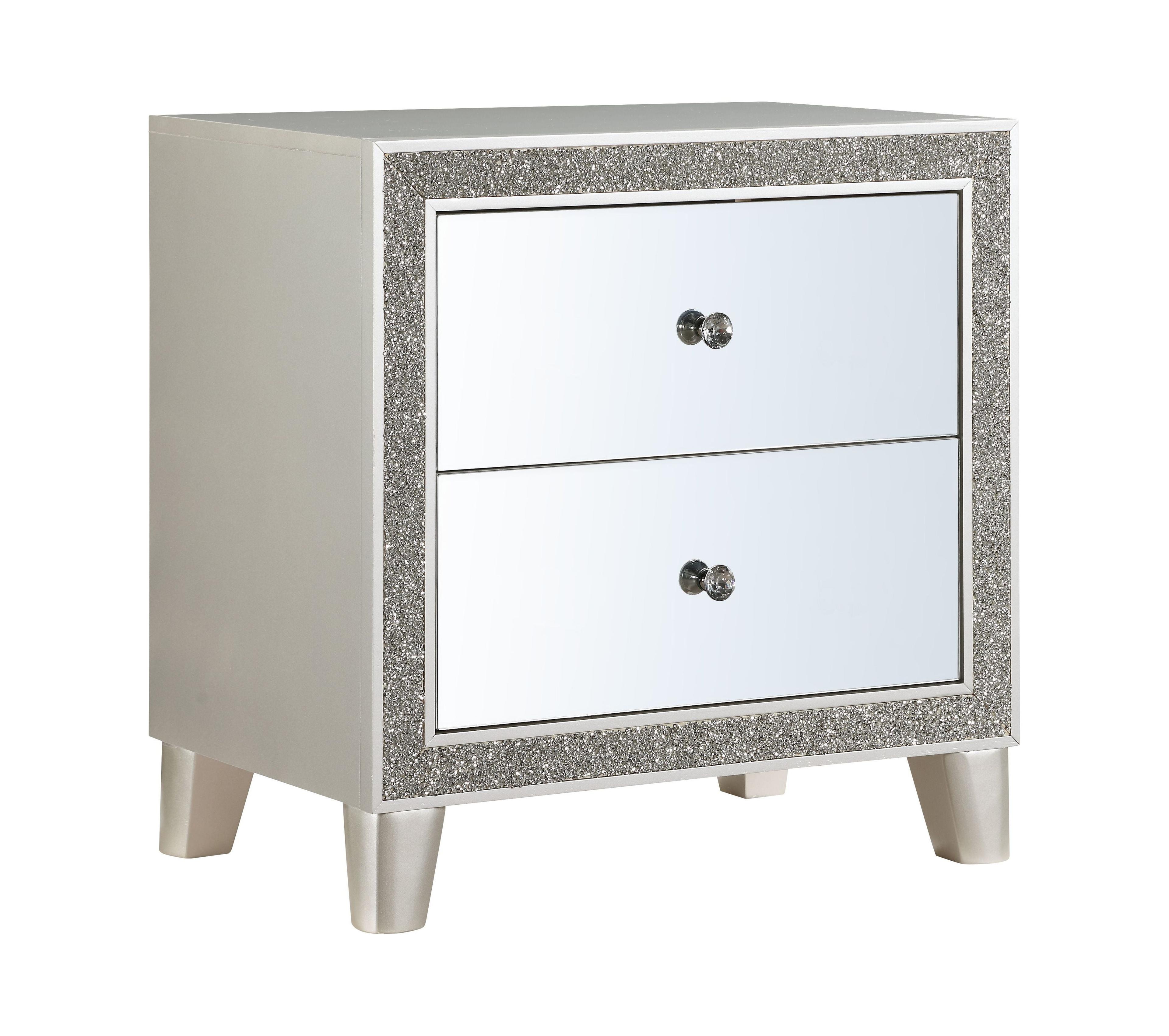 Elegant Mirrored Champagne Nightstand with 2 Solid Wood Drawers