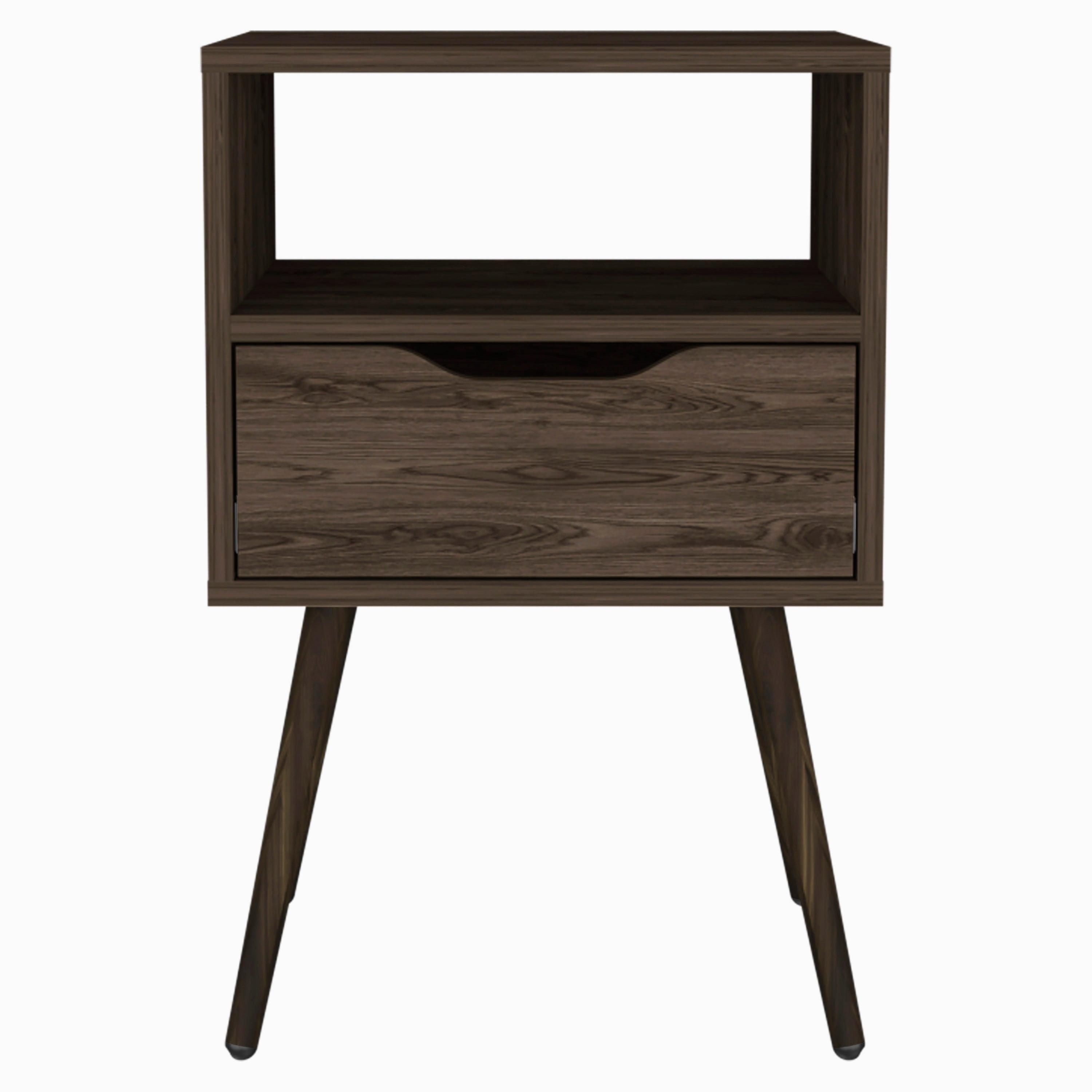 Modern White and Light Oak Nightstand with Open Shelf and Drawer