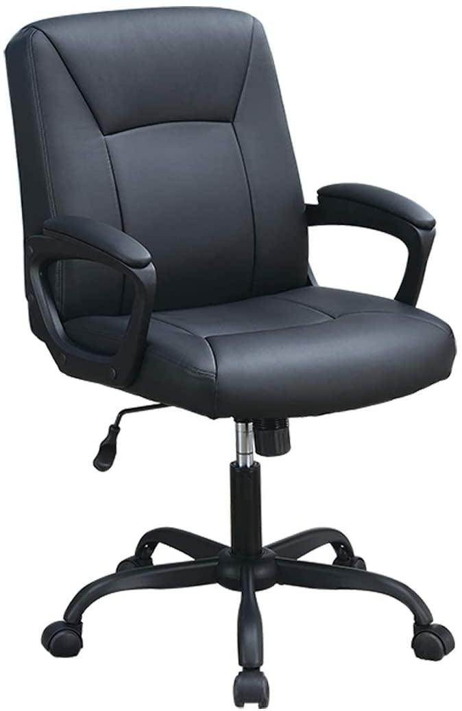 Black Leather Swivel Task Chair with Fixed Arms