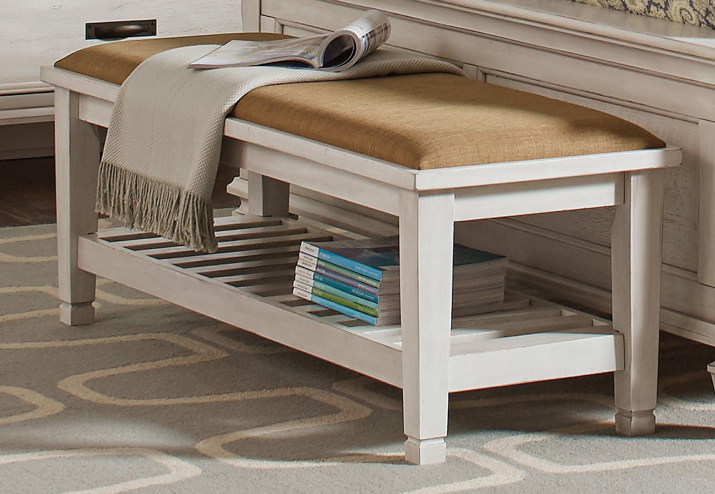 Ivory White Hardwood Transitional Bedroom Bench with Storage Shelf