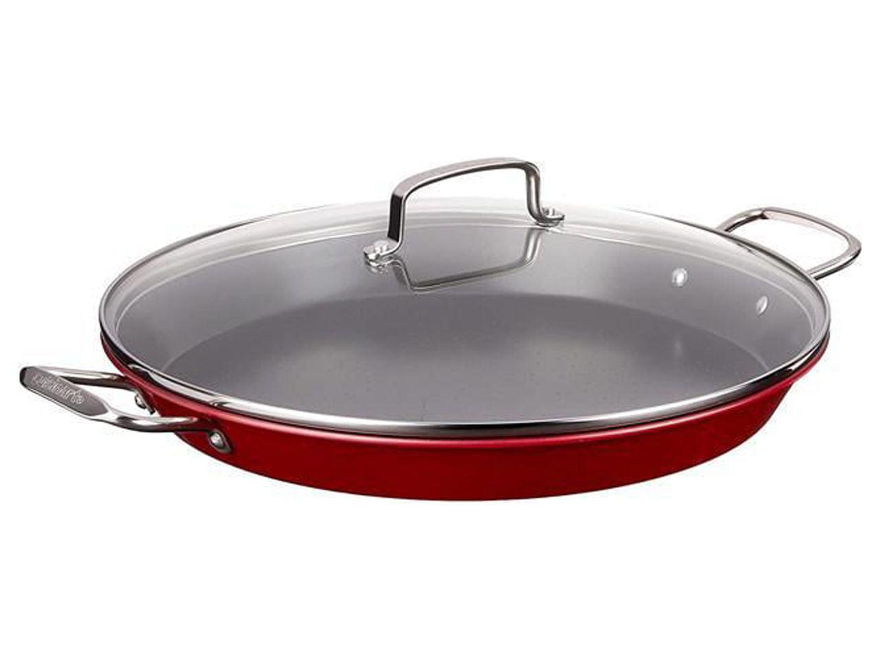 Red 15-Inch Non-Stick Steel Paella Pan with Glass Lid