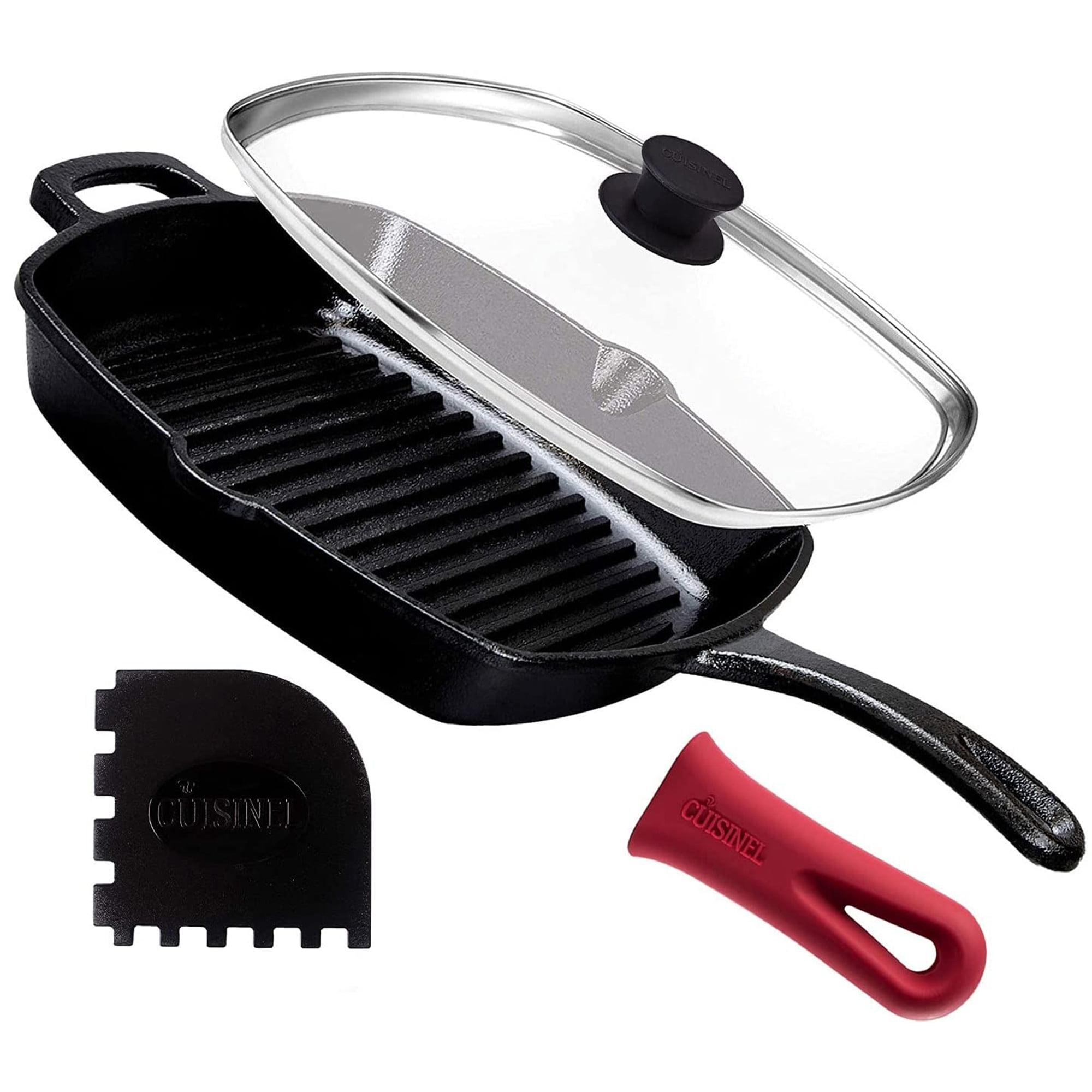 10.5" Black Cast Iron Grill Pan with Glass Lid and Scraper