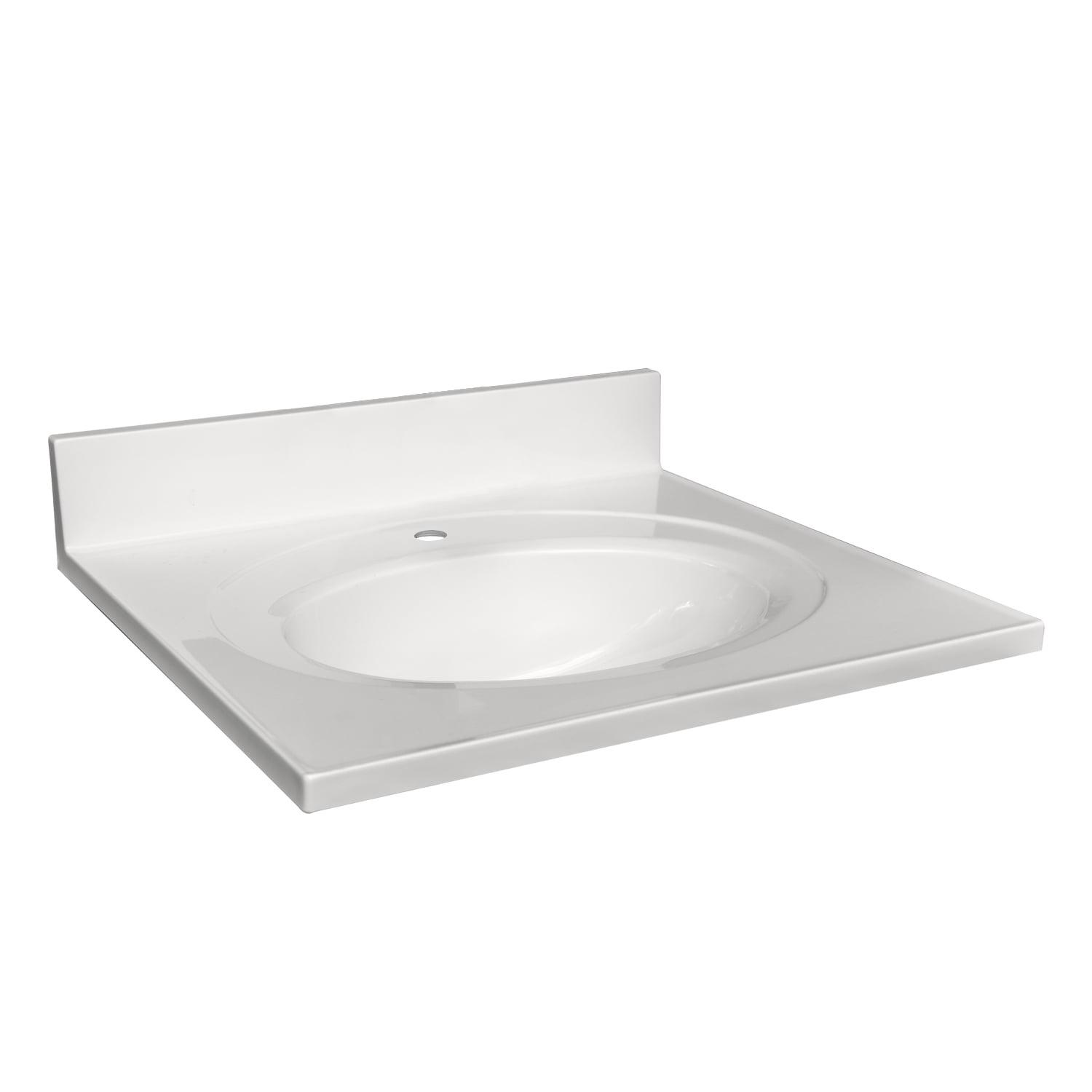 Solid White Cultured Marble Vanity Top with Integrated Backsplash, 25-Inch