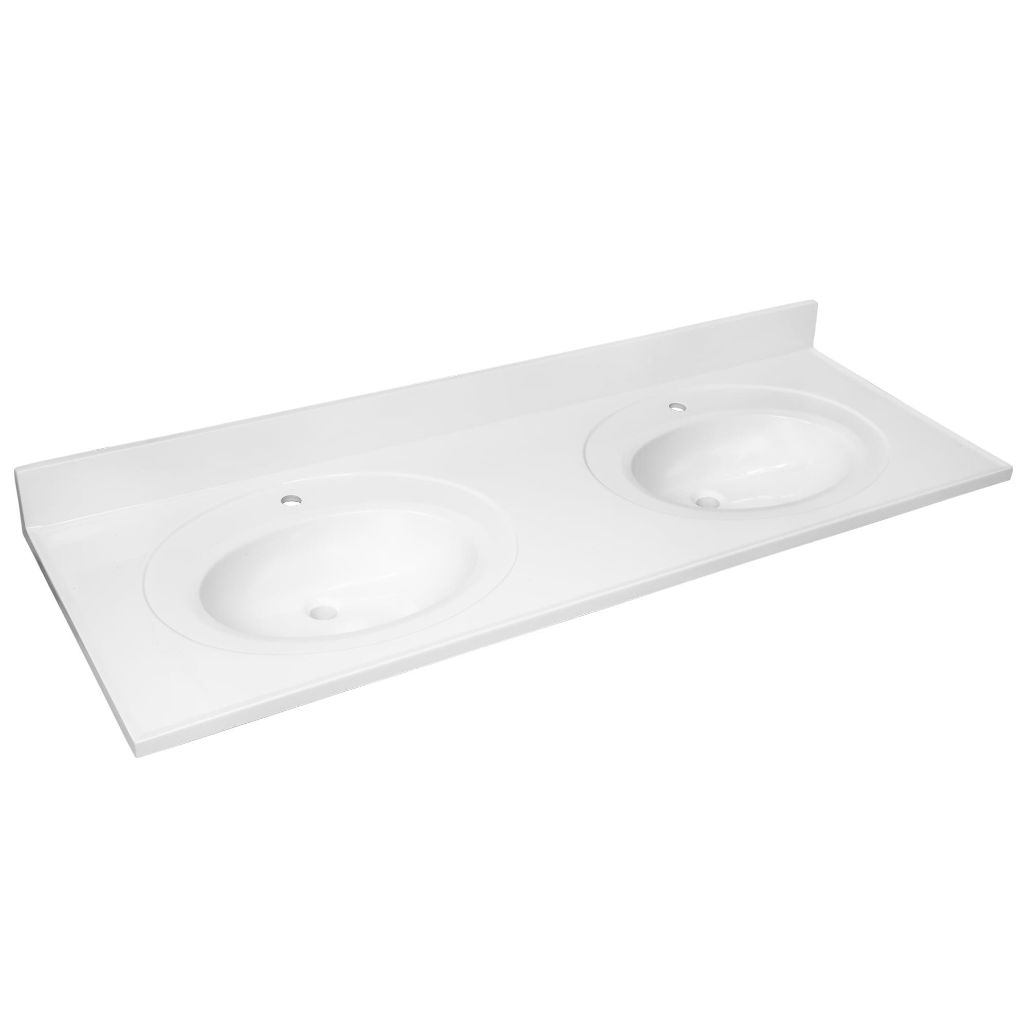 Cultured Marble Vanity Top – 61-Inch Double Bowl Sink Single-Hole with Integrated Backsplash – Reinforced Packaging – Solid White, Design House, 597385