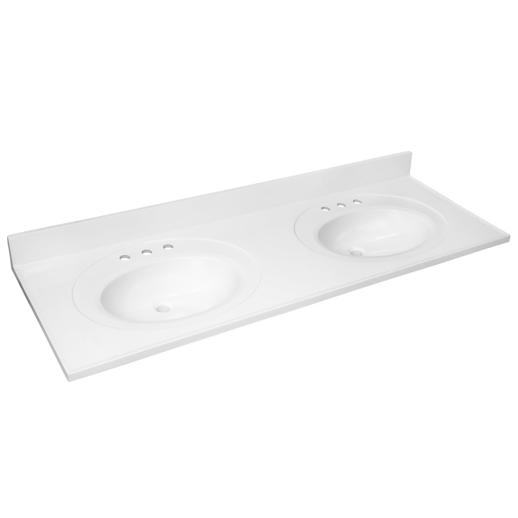 Solid White 61-Inch Double Bowl Composite Vanity Top with Backsplash