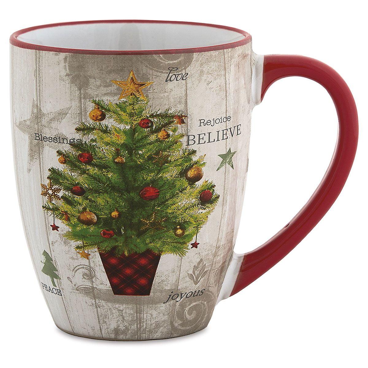 Festive Christmas Tree Ceramic Mug with Red Handle, 22oz