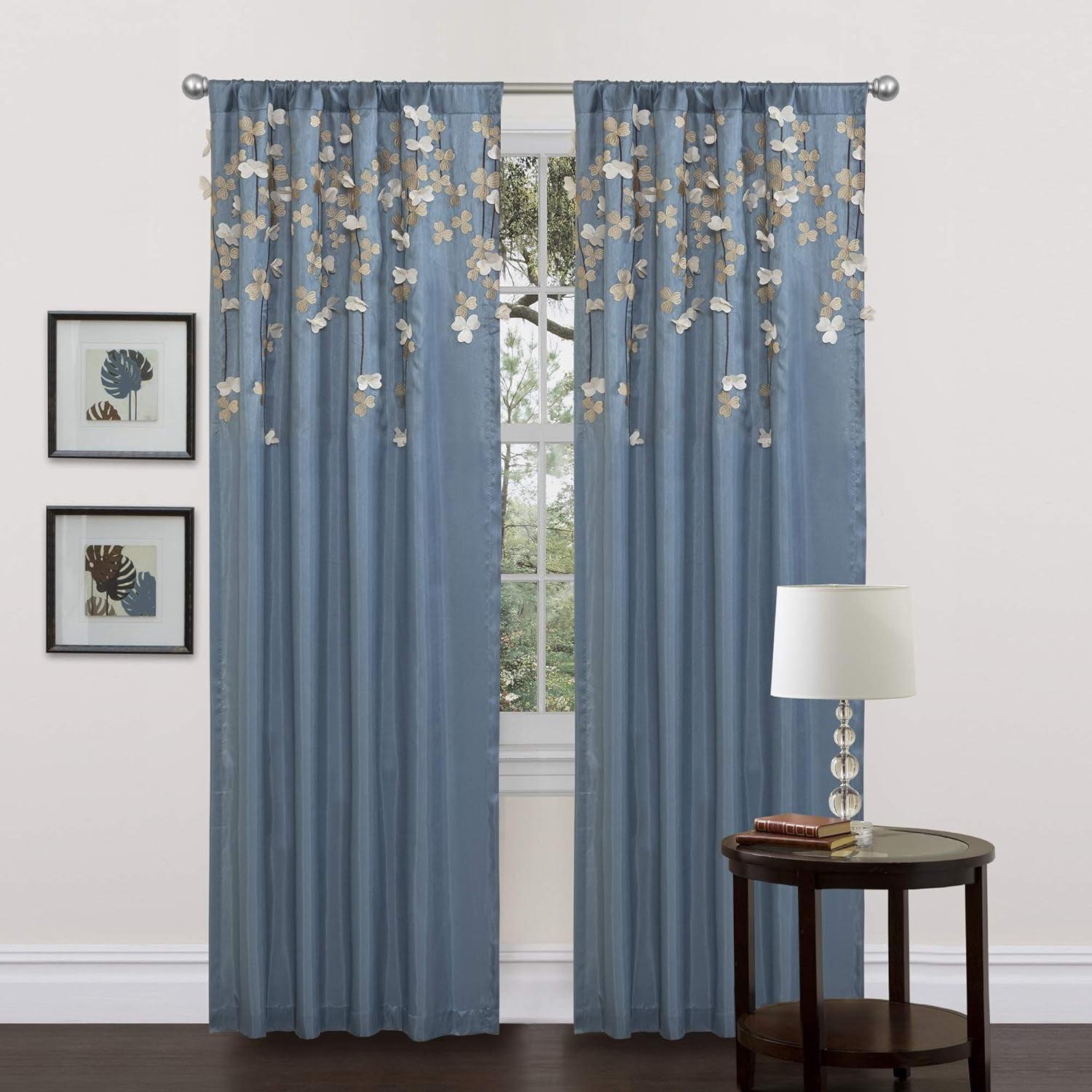 Blue Ivory Faux Silk Light-Filtering Floral Window Curtain