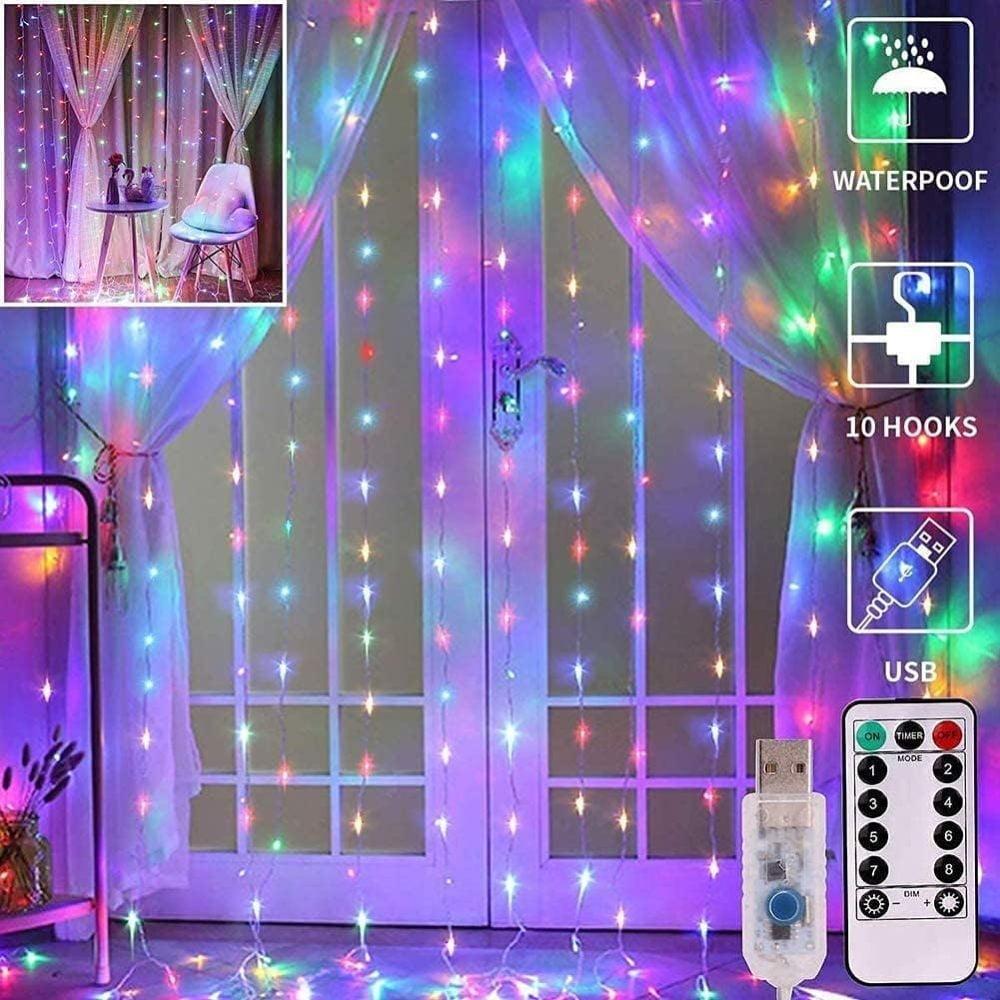 Curtain Lights Indoor 300LED 9.8ftx9.8ft, Outdoor Waterproof Curtain String Lights with Hook Remote Timer 8 Modes, USB Powered Waterfall Window Lights for Wall Backdrop Home Decorations